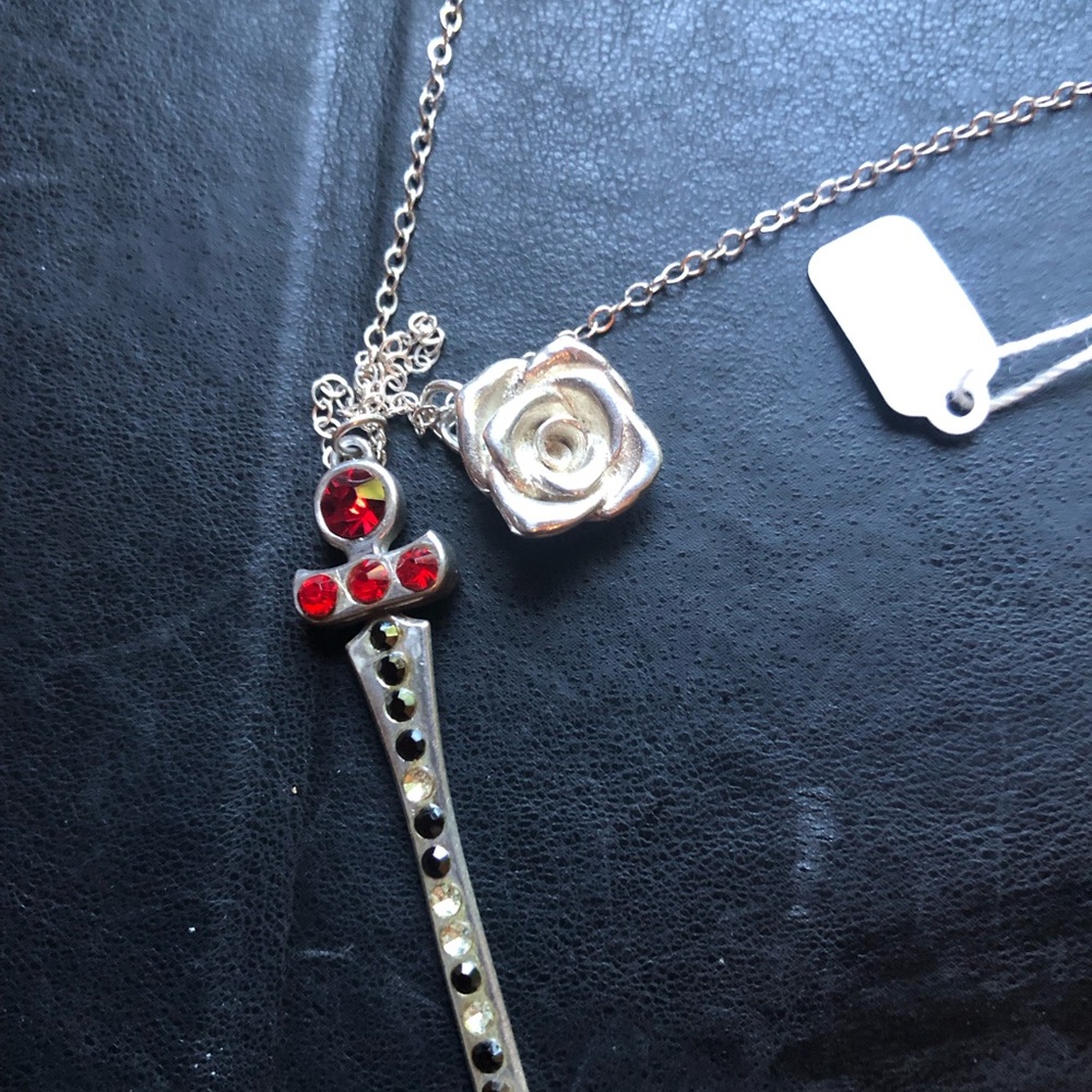 Sterling Silver Necklace With Sword Inlayed With Gemstones & Rose Pendent.